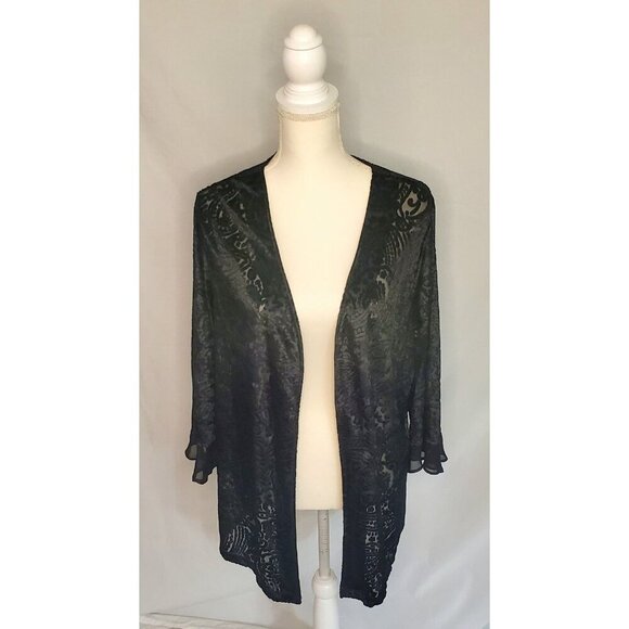 Jara Sweaters - Jara Black Burnout Velvet Floral Cardigan Size 1XL 3/4 Flutter Sleeve Romantic